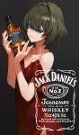  1girl ad alcohol bangs black_background blue_eyes bottle breasts brown_hair cleavage dress green_eyes heterochromia highres holding holding_bottle idolmaster idolmaster_cinderella_girls jack_daniel&#039;s medium_breasts mole mole_under_eye mossi product_placement red_dress short_hair simple_background smile solo takagaki_kaede whiskey 