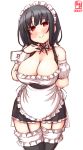  1girl alternate_costume apron artist_logo black_hair black_legwear black_skirt breasts cleavage commentary_request detached_sleeves enmaided frilled_apron frilled_legwear frills garter_straps highres kanon_(kurogane_knights) kantai_collection large_breasts looking_at_viewer maid red_eyes short_hair simple_background skirt solo suspenders takao_(kantai_collection) thighhighs waist_apron white_apron white_background wrist_cuffs 