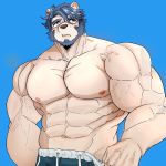  1:1 2019 5_fingers abs anthro beard biceps big_muscles black_nose blue_hair clothed clothing eyebrows eyewear facial_hair fingers fur glasses hair hi_res humanoid_hands male mammal mr._mitsutomo muscular muscular_male nipples pecs pink_nipples pinkbloodtrails polar_bear simple_background solo standing thick_eyebrows topless triceps ursid ursine veiny_muscles white_body white_fur 