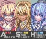  3girls ahoge akai_haato aozane beret blonde_hair blue_eyes blue_hair character_name choker dark_skin eyebrows_visible_through_hair green_eyes hair_ribbon hat hololive hoshimachi_suisei japanese_clothes jewelry kimono lowres multiple_girls orange_eyes pixel_art plaid ribbon shiranui_flare side_ponytail smile upper_body virtual_youtuber 