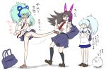  3girls bag black_hair blue_hair blush cat_(nyanko_daisensou) embarrassed green_hair highres kicking multiple_girls murayamawataru nyanko_daisensou ponytail school_uniform tama_(nyanko_daisensou) thundia_(nyanko_daisensou) translation_request upskirt windy_(nyanko_daisensou) 