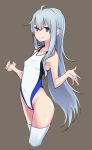 1girl blue_eyes commentary_request cropped_legs grey_background hibiki_(kantai_collection) highleg highleg_swimsuit kantai_collection long_hair looking_at_viewer myht silver_hair simple_background solo swimsuit thighhighs white_legwear white_swimsuit 