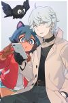  1boy 1girl animal_ears belt bird black_shirt blue_eyes blue_hair brand_new_animal cellphone choker coat commentary_request furry grey_background holding holding_phone jacket kagemori_michiru koshou_shichimi long_sleeves looking_at_phone ogami_shirou pants phone raccoon_ears raccoon_girl raccoon_tail red_jacket shirt short_hair shorts simple_background tail white_coat white_eyes white_hair 