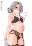  ... 1girl asymmetrical_hair bangs black_bra black_panties blush bra collarbone cowboy_shot ebifurya eyebrows_visible_through_hair flipped_hair garter_belt groin hair_between_eyes highres kantai_collection lingerie navel nowaki_(kantai_collection) panties short_hair silver_eyes silver_hair simple_background solo spoken_ellipsis swept_bangs twitter_username underwear white_background 