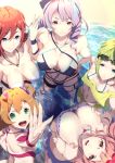  5girls breasts brown_eyes cleavage eyewear_on_head freyja_wion from_above green_eyes green_hair heart highres kaname_buccaneer large_breasts long_hair looking_at_viewer looking_up macross macross_delta makina_nakajima mikumo_guynemer multiple_girls open_mouth orange_hair pink_hair purple_eyes purple_hair red_eyes red_hair reina_prowler sakusakusakurai short_hair sunglasses swimsuit twintails walkure_(macross_delta) water 