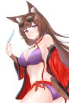  1girl absurdres amagi_(azur_lane) animal_ear_fluff animal_ears armpit_crease ass azur_lane bangs bare_shoulders bikini blunt_bangs blush breasts bridal_gauntlets brown_hair choker cleavage coat commentary_request cowboy_shot eyebrows_visible_through_hair eyewear_on_head food food_on_breasts fox_ears fox_tail hair_ornament halterneck highres holding holding_food japanese_clothes jewelry korean_commentary large_breasts long_hair looking_at_viewer midriff navel necklace off-shoulder_coat popsicle purple_bikini purple_eyes red_choker red_coat red_sash sakuramon saliva saliva_trail sash sidelocks simple_background solo standing sunglasses sweat swimsuit tail thick_eyebrows twisted_torso untied untied_bikini white_background wide_sleeves woon 