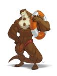  2020 3:4 4_toes 5_fingers abs anthro balls biceps big_muscles black_claws brown_body brown_fur circumcised claws clothed clothing fingers friday_(friday_otter) fur furrybob genitals giant_otter half-erect hand_on_hip hi_res humanoid_hands life_ring lifeguard lutrine male mammal multicolored_body multicolored_fur muscular muscular_male mustelid partially_clothed pecs penis plantigrade quads river_otter simple_background smile solo speedo standing swimwear toes topless two_tone_body two_tone_fur vein veiny_muscles veiny_penis whiskers white_background white_body white_fur 