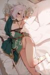  1girl antenna_hair armpits arms_behind_head bed cushion detached_sleeves dress elf flower from_above full_body green_dress green_sleeves groin hair_between_eyes hair_flower hair_ornament kokkoro_(princess_connect!) looking_at_viewer no_panties on_bed pink_eyes pointy_ears princess_connect! princess_connect!_re:dive see-through seinen short_hair silver_hair sleeveless sleeveless_dress solo staff sunlight thighs white_footwear 