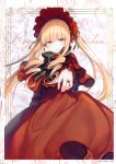  1girl absurdres black_neckwear blonde_hair blue_eyes bow bowtie capelet copyright_name cursive dress drill_hair headdress highres jewelry long_dress long_hair looking_at_viewer outstretched_arm parted_lips red_dress ring rozen_maiden scan shinku solo toosaka_asagi twin_drills twintails 