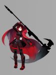  1girl acgearmaker armor armored_boots armored_skirt belt boots bullet cape cloak cross elbow_pads flower full_armor full_body gloves grey_background holding holding_scythe holding_weapon looking_at_viewer plate_armor red_hair rose ruby_rose rwby scythe short_hair silver_eyes simple_background skirt solo standing tagme weapon 