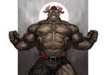  2020 abs absurd_res anthro beard biceps big_muscles black_body black_fur black_nipples bottomwear bovid bovine cattle clothed clothing facial_hair fur gyumao hair hi_res horn huge_muscles looking_at_viewer male mammal muscular muscular_male nipples pants pecs red_hair scar solo standing tokyo_afterschool_summoners topless torn_bottomwear torn_clothing torn_pants traver009 veiny_muscles video_games white_horn 