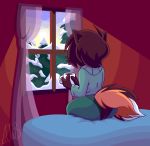  animatedjames anthro bed beverage butt canid canine clothing coffee female fox furniture light mammal on_bed pine_trees sitting snow solo sunlight sweater topwear window winter 