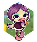  1girl artist_name bird doubutsu_no_mori duck furry highres makeup open_mouth purple_hair raidensass solo sparkle swanson_(doubutsu_no_mori) white_background 