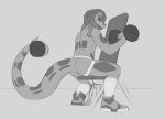  anthro anus butt clothing dreadlocks exercise eyewear footwear gecko goggles goggles_on_head hi_res legwear lizard long_tail male monochrome prehensile_tail reptile scalie shoes simple_background sneakers socks solo thick_tail tkraccoon weights 