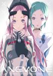  2girls anemone_(eureka_seven) blue_hair choker copyright_name eureka eureka_seven_(series) eureka_seven_hi-evolution_2:_anemone gold_choker grey_eyes hair_ornament hairclip highres long_hair multiple_girls pilot_suit pink_hair sakusakusakurai short_hair 