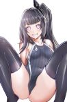  1girl absurdres aiuchi architect_(girls_frontline) black_hair black_legwear black_swimsuit commentary_request competition_swimsuit feet_out_of_frame girls_frontline grin highleg highleg_swimsuit highres long_hair looking_at_viewer one-piece_swimsuit one_side_up pink_eyes sangvis_ferri simple_background sitting smile solo striped striped_swimsuit swimsuit thighhighs white_background 