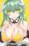 1girl aqua_hair bangs bare_shoulders bikini blush breasts cleavage collarbone detached_collar eyebrows_visible_through_hair fate/grand_order fate_(series) frilled_bikini frills hair_between_eyes hands_on_own_chest highres horns japanese_clothes kimono kiyohime_(fate/grand_order) kiyohime_(swimsuit_lancer)_(fate) large_breasts long_hair looking_at_viewer morizono_shiki off_shoulder open_clothes open_kimono parted_lips simple_background smile solo swimsuit upper_body yellow_background yellow_bikini yellow_eyes 