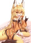  ahoge anthro asian_clothing barefoot bed_sheet bedding black_nose blonde_hair blush bottomless brown_body brown_fur canid canine cheek_tuft chest_tuft claws clothed clothing countershading cute_fangs east_asian_clothing facial_tuft female fox fox_shadow_puppet fur gesture gloves_(marking) hair hi_res horokusa0519 inner_ear_fluff japanese_clothing kemono kimono leg_markings long_hair looking_at_viewer mammal markings monotone_hair multicolored_body multicolored_fur obi open_mouth open_smile orange_clothing simple_background sitting slim smile socks_(marking) solo tongue tuft white_background white_body white_countershading white_fur yellow_body yellow_fur 