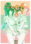  2girls 7-eleven absurdres baozi bare_legs blonde_hair bracelet breast_squeeze breasts cat character_request cigar_cat copyright_request fang food green_eyes green_hair highres holding_hands jewelry long_hair multiple_girls open_mouth ponytail purple_eyes tied_hair twintails uniform visor_cap 