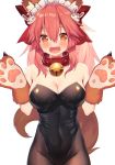  animal_ears bell bell_collar breasts bunnysuit cleavage collar fang fate/grand_order fate_(series) fox_ears fox_tail gloves highres large_breasts maid_headdress pantyhose paw_gloves paws pink_hair ponytail tail tamamo_(fate)_(all) tamamo_cat_(fate) yoshi8357 