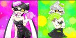  2girls aori_(splatoon) bare_shoulders black_hair breasts cleavage covering_mouth cowboy_shot crossed_arms domino_mask dress earrings fan gloves green_background hotaru_(splatoon) jewelry mask mole mole_under_eye multiple_girls one_eye_closed open_mouth paper_fan pointy_ears purple_background silver_hair smile splatoon_(series) standing strapless strapless_dress water_balloon white_gloves yellow_eyes yoshioka_suke 