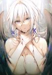  1girl absurdres angel_wings bare_shoulders blood breasts bruise cleavage collarbone covering covering_breasts earrings feathered_wings highres injury jewelry large_breasts long_hair looking_at_viewer nude original parted_lips scan sidelocks solo toosaka_asagi upper_body white_hair wings 