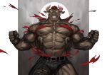  2020 abs absurd_res anthro beard biceps big_muscles black_body black_fur black_nipples bottomwear bovid bovine cattle clothing facial_hair fur gyumao hair hi_res horn huge_muscles looking_at_viewer male mammal muscular muscular_male nipples pants pecs red_hair scar shirt solo standing tokyo_afterschool_summoners topwear torn_bottomwear torn_clothing torn_pants torn_shirt torn_topwear traver009 veiny_muscles video_games white_horn 