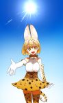  1girl animal_ears blonde_hair bow bowtie commentary cowboy_shot day elbow_gloves from_below gloves highres kemono_friends looking_at_viewer open_mouth outdoors reaching_out serval_(kemono_friends) serval_ears serval_print serval_tail skirt sky smile standing sun tail thighhighs yellow_eyes yoshioka_suke 