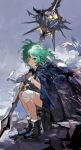 1girl alchemaniac bandages boots cloak cloud expressionless granblue_fantasy green_eyes green_hair hair_over_one_eye highres kolulu_(granblue_fantasy) long_hair looking_at_viewer messy_hair parted_lips polearm sitting sketch sky solo spear weapon 