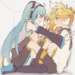  1boy 2girls bisexual_(female) blonde_hair blue_eyes blue_hair blush commentary detached_sleeves hair_ornament hair_ribbon hairclip hatsune_miku headphones highres kagamine_len kagamine_rin long_hair m0ti multiple_girls ribbon sailor_collar short_hair shorts siblings thighhighs twins vocaloid white_ribbon 