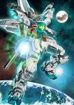  after_war_gundam_x beam_rifle energy_gun garimpeiro green_eyes gun gundam gundam_x highres holding holding_gun holding_weapon looking_down mecha moon no_humans open_hand planet robot shiny solo space weapon 