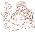  2020 abdominal_bulge anthro belly big_belly bowser bracelet claws collar cownugget digestion duo english_text hair jewelry koopa male mario_bros monochrome nintendo reptile scalie shell simple_background spiked_bracelet spiked_collar spikes text video_games vore white_background 
