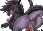  3syokudango alatreon anus black_body black_scales bodily_fluids breasts capcom cum cum_in_pussy cum_inside cum_on_penis dragon elder_dragon fangs female genital_fluids genitals hi_res horn hunter looking_back monster monster_hunter non-mammal_breasts penis purple_eyes pussy scales simple_background solo tongue tongue_out video_games 
