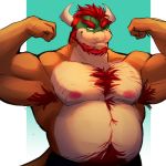  anthro armpit_hair beard belly body_hair bowser chest_hair clothed clothing eyebrows facial_hair flexing hair hi_res horn koopa looking_at_viewer male mario_bros muscular muscular_male nintendo nipples o_reowoof one_eye_closed pecs pubes reptile scalie smile smug solo thick_eyebrows topless video_games wink 