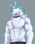  2020 abs anthro biceps blue_body blue_eyes blue_fur bottomwear brand_new_animal canid canine canis clothing collar fur hi_res kenjilokung male mammal muscular muscular_male pecs shirou_ogami solo studio_trigger white_body wolf 