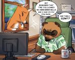  2020 angry animal_crossing anthro brown_body brown_fur canid canine chair clothing comic computer crazy_redd detailed_background duo english_text eyes_closed fox fur furniture hi_res male mammal nintendo raccoon_dog shirt sitting slightly_chubby speremint tanuki text tom_nook_(animal_crossing) topwear video_games 