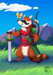  2020 absurd_res anthro biped brown_body brown_fur clothed clothing detailed_background fur hi_res humanoid_hands mammal melee_weapon outside pachi_mapache procyonid raccoon solo sword weapon white_body white_fur 