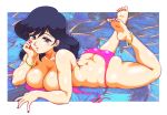  1girl ass barefoot bikini breasts brown_eyes cleavage commentary_request curvy gintama_danshaku highres large_breasts long_hair looking_at_viewer lupin_iii mine_fujiko plump smile solo swimsuit 