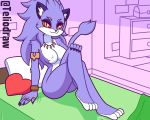  4_toes 5_fingers anthro bed breasts felid female fingers fur furniture heart_pillow light_fur looking_at_viewer mammal nude on_bed pillow purple_body purple_ears purple_fur purple_tail red_sclera sitting slit_pupils solo tail_tuft teliodraw toes trials_of_mana tuft white_body white_fur 