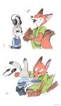  anthro bottomwear brown_body brown_fur canid canine clothed clothing comic disney duo fangs fox fully_clothed fur headphones judy_hopps lagomorph laugh leporid mammal necktie nick_wilde open_mouth pants police_uniform punch punching rabbit red_fox rood shirt simple_background topwear uniform violence white_background zootopia 
