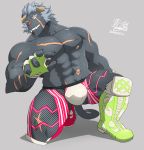  2020 5_fingers abs absurd_res anthro big_muscles black_body black_fur blue_hair boots brown_horn bulge clothed clothing demon fingerless_gloves fingers fishnet fishnet_legwear footwear fur gloves hair handwear hi_res horn humanoid_hands kneeling krampus_(housamo) legwear male muscular muscular_male nipples pecs pink_nipples red_nose scar simple_background solo subaru_aotk tokyo_afterschool_summoners topless video_games 