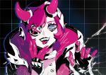  1girl :d :p apex_legends bangs biribiri black_gloves black_jacket black_lips blue_eyes breasts cleavage commentary_request cyber_punked_wattson electricity eyelashes eyeliner eyepatch eyeshadow fangs gloves hair_between_eyes hand_to_own_mouth hands_up horns jacket looking_at_viewer makeup mascara open_mouth pink_hair puppeteer7777 smile solo studded_gloves tongue tongue_out upper_body upper_teeth wattson_(apex_legends) 