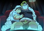  2020 anthro bedding belly blanket blush bottomwear bulge clothing duo eyes_closed felid fur furniture hi_res human humanoid_hands japanese_text kemono licho_(tas) male male/male mammal navel overweight overweight_male pantherine ptcmtr scared shorts sitting sofa text tiger tokyo_afterschool_summoners video_games white_body white_fur 