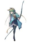  1girl absurdres ahoge animal_ears atalanta_(fate) bangs blonde_hair blush bow_(weapon) braid breasts cat_ears cat_tail collarbone dabingdan eyebrows_visible_through_hair fate/apocrypha fate/grand_order fate_(series) full_body gloves gradient_hair green_eyes green_hair hair_between_eyes highres holding holding_bow_(weapon) holding_weapon long_hair looking_at_viewer multicolored_hair open_mouth simple_background small_breasts solo tail thighhighs two-tone_hair very_long_hair weapon white_background 