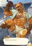  5_fingers abs animal_crossing anthro anthro_bear baseball_bat bat_(object) black_nose blue_eyes bottomwear brown_body brown_fur brown_nipples bulge canid canine cigarette clothed clothing english_text fingers forked_tongue fur gloves_(marking) group humanoid_hands leg_markings male mammal markings mumu202 muscular muscular_male nintendo nipple_piercing nipples open_shirt pecs piercing raccoon_dog scar shirt shorts socks_(marking) solo_focus tanuki tattoo text tom_nook_(animal_crossing) tongue tongue_out tongue_piercing topwear video_games 