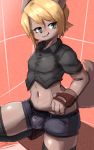  10:16 4_fingers anthro black_nose blonde_hair bottomwear bulge canid canine clothed clothing crop_top crouching fingerless_gloves fingers fur gloves grey_body grey_fur hair handwear hi_res inside kemono kemosara legwear looking_at_viewer male mammal midriff monotone_body monotone_fur monotone_hair navel shirt shorts smile solo teal_eyes thigh_highs topwear 