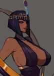  1girl bare_shoulders blue_eyes breasts commentary dark_skin dress eliza_(skullgirls) ennuigrl grey_background highres huge_breasts light_smile lips parted_lips sideboob simple_background skullgirls smile solo upper_body 