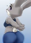  2019 anthro brachyzoid buckteeth butt clothed clothing disney female fully_clothed fur gradient_background grey_body grey_fur hands_behind_back judy_hopps lagomorph leporid mammal midriff open_mouth purple_eyes rabbit simple_background solo teeth zootopia 