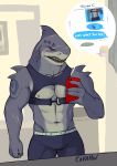  anthro cavahn dc_comics fish hi_res king_shark male marine muscular muscular_male nipples pecs phone red_eyes selfie shark sharp_teeth solo tattoo teeth 