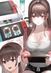  1girl bangs black_shorts blush breasts brown_eyes brown_hair cardboard cleavage collarbone crying doubutsu_no_mori empty_eyes glue_stick hair_between_eyes highres jacket kfr large_breasts long_hair long_sleeves mamekichi_(doubutsu_no_mori) multiple_views nintendo nintendo_switch open_mouth original paper pink_jacket raccoon scissors shirt shorts smile tsubukichi_(doubutsu_no_mori) white_camisole 